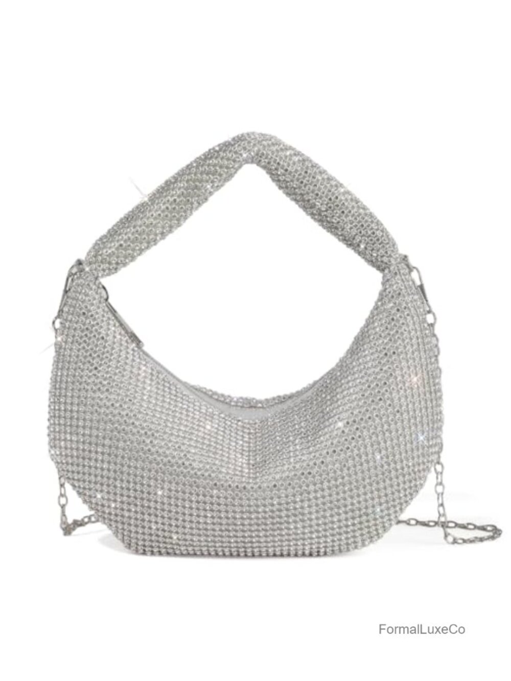 Rhinestone Half-Moon Evening Clutch with Detachable Chain
